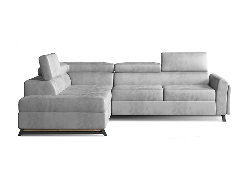 Canapé angle gauche convertible velours gris clair avec têtières réglables Nikos 265cm