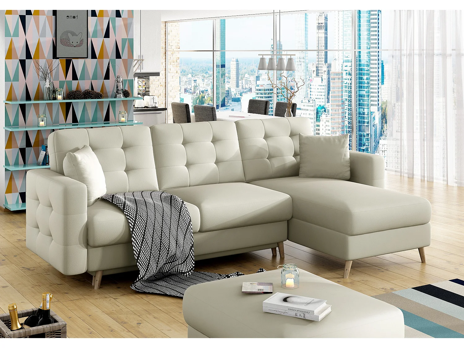 Canapé d'angle réversible et convertible simili cuir beige clair Anska 250cm