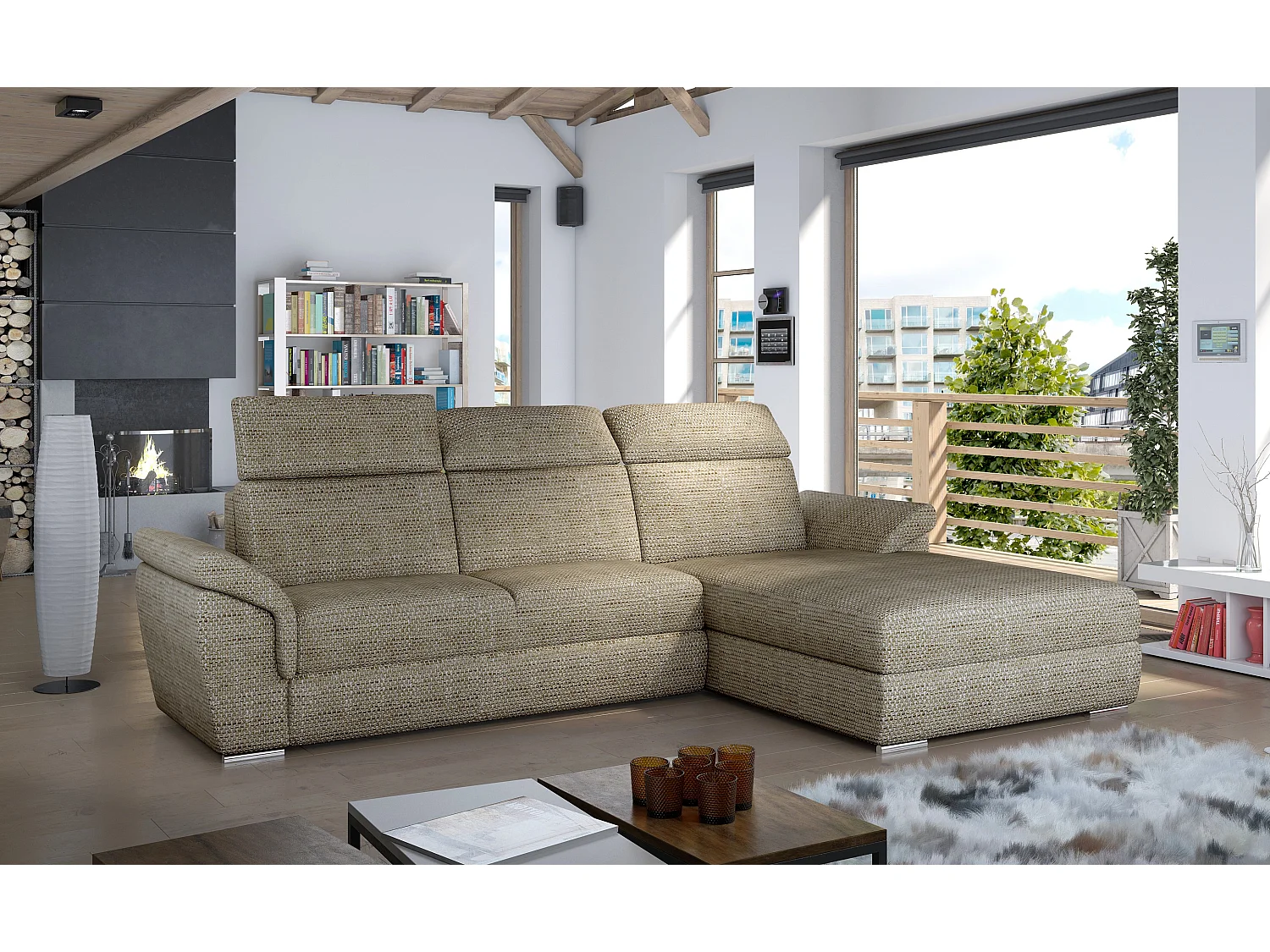 Ombouwbare hoekbank rechts lichtbeige gemêleerde stof verstelbare hoofdsteunen Suzy 272 cm