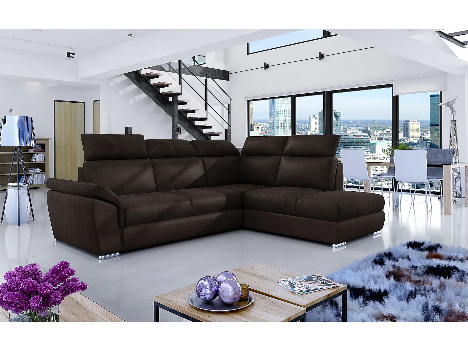 Canapé angle droit convertible velours marron avec appuis-tête réglables Kepita 260cm