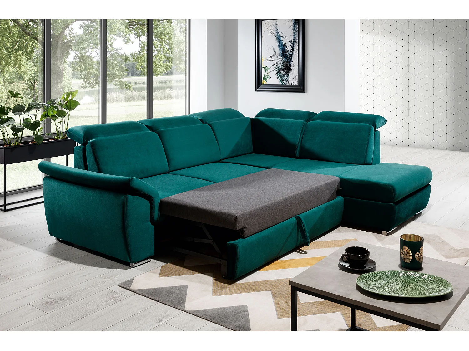 Canapé angle droit convertible velours marron avec appuis-tête réglables Kepita 260cm