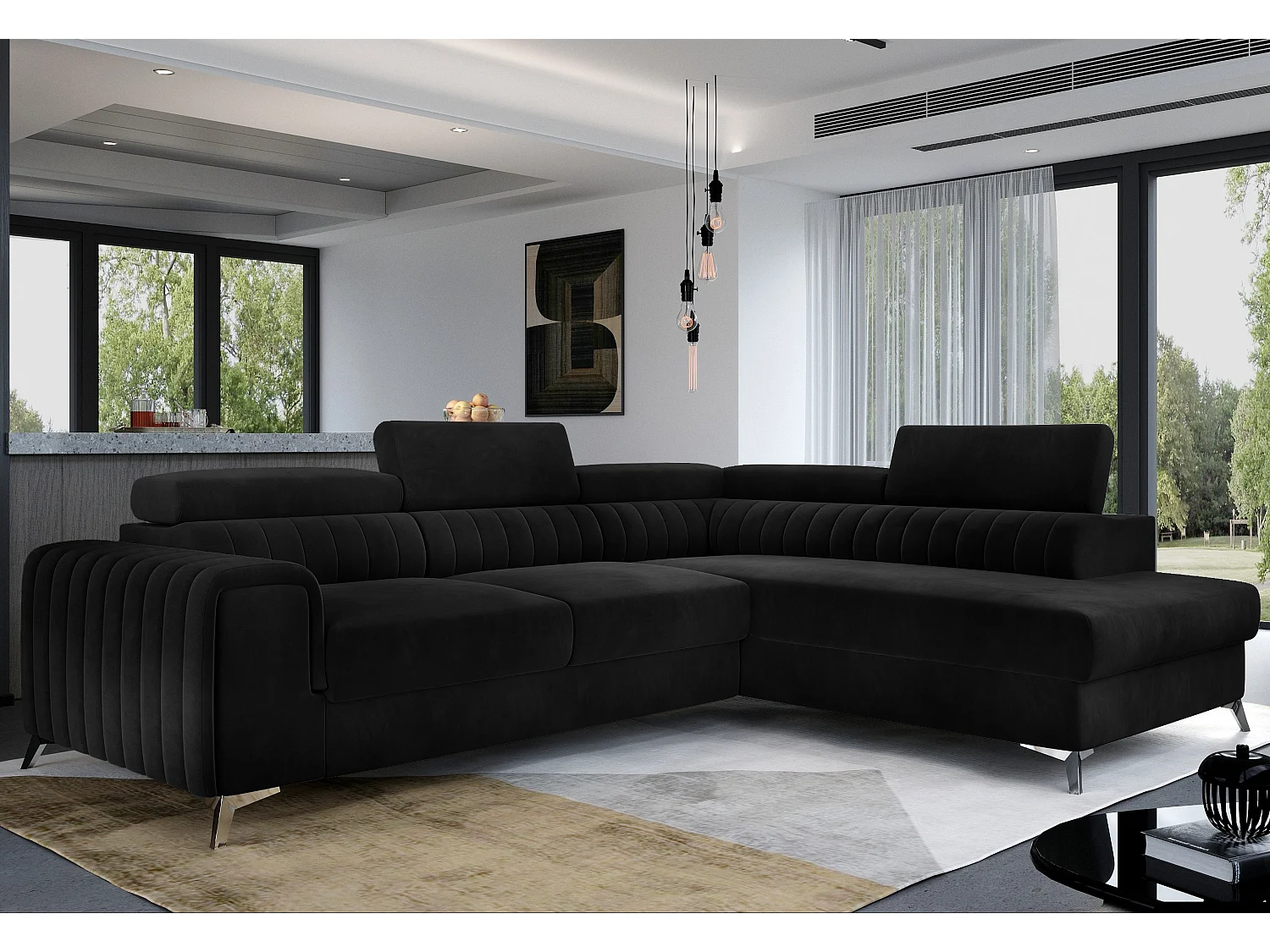 Canapé angle droit convertible avec appuis-tête réglables velours noir Lozan 275cm