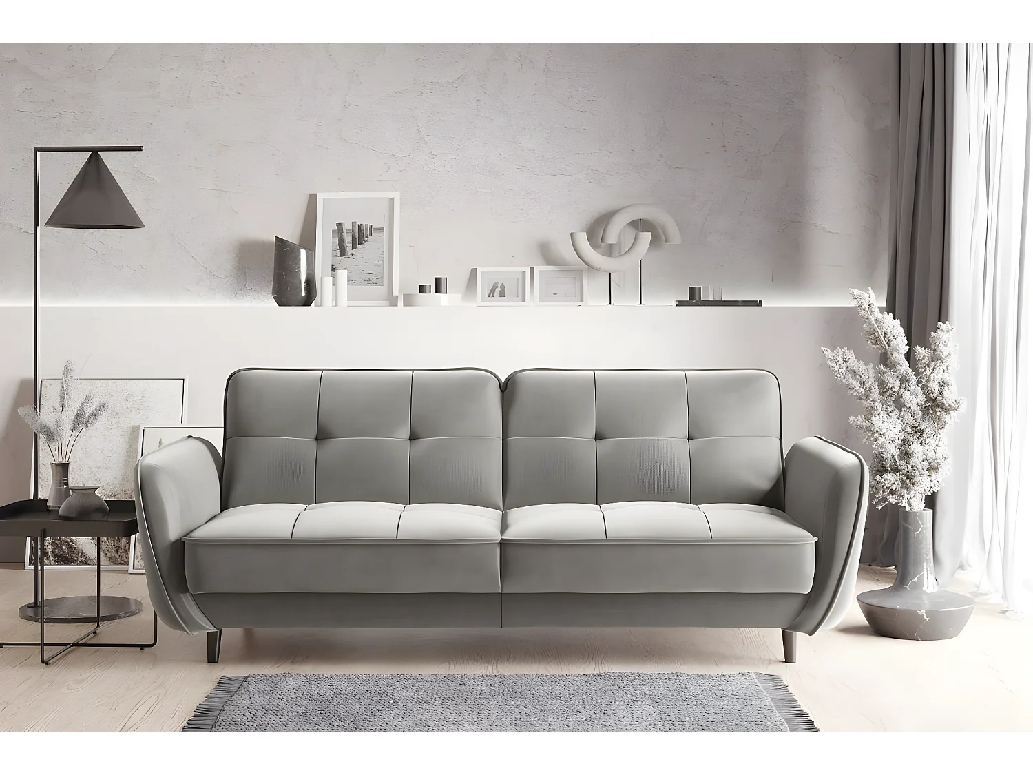 Canapé convertible 3 places tissu doux gris capitonné et pieds bois noir Bizza 220cm