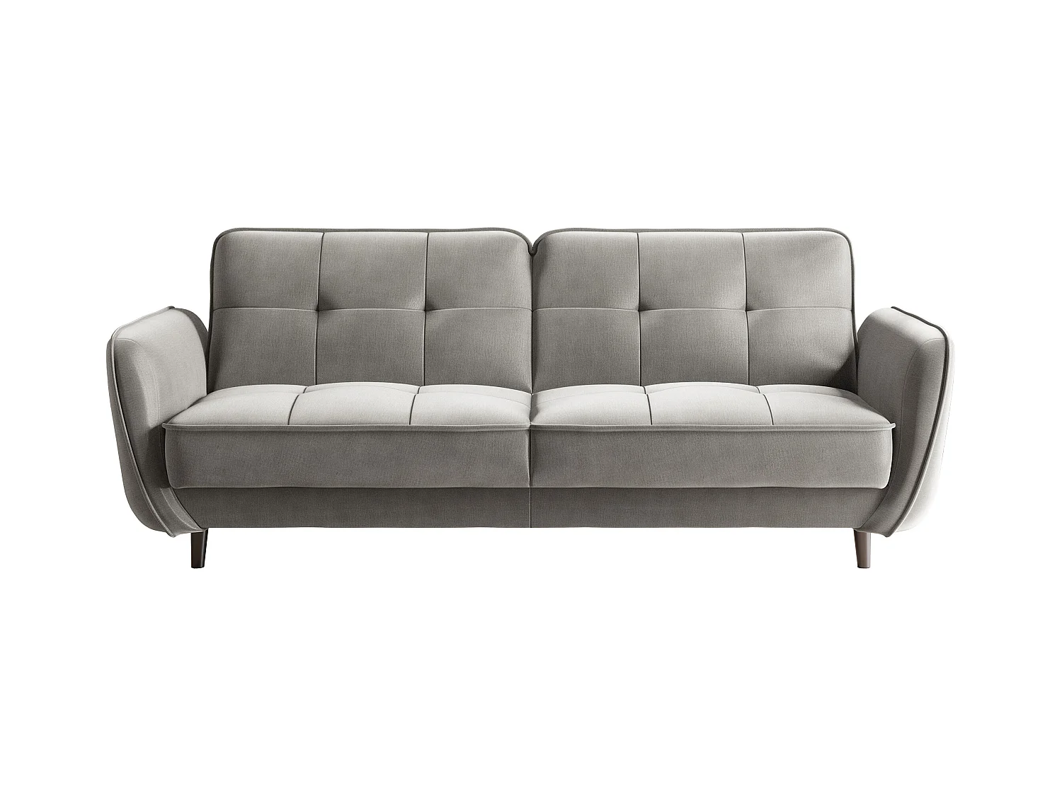 Canapé convertible 3 places tissu doux gris capitonné et pieds bois noir Bizza 220cm