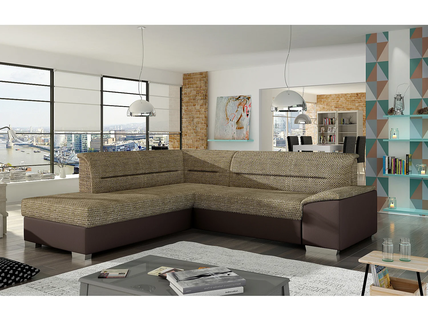 Canapé convertible angle gauche tissu beige chiné et simili marron Verza 270cm