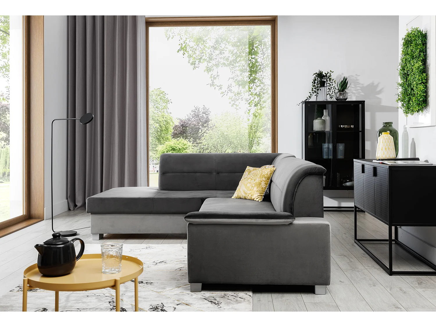 Canapé convertible angle gauche tissu beige chiné et simili marron Verza 270cm