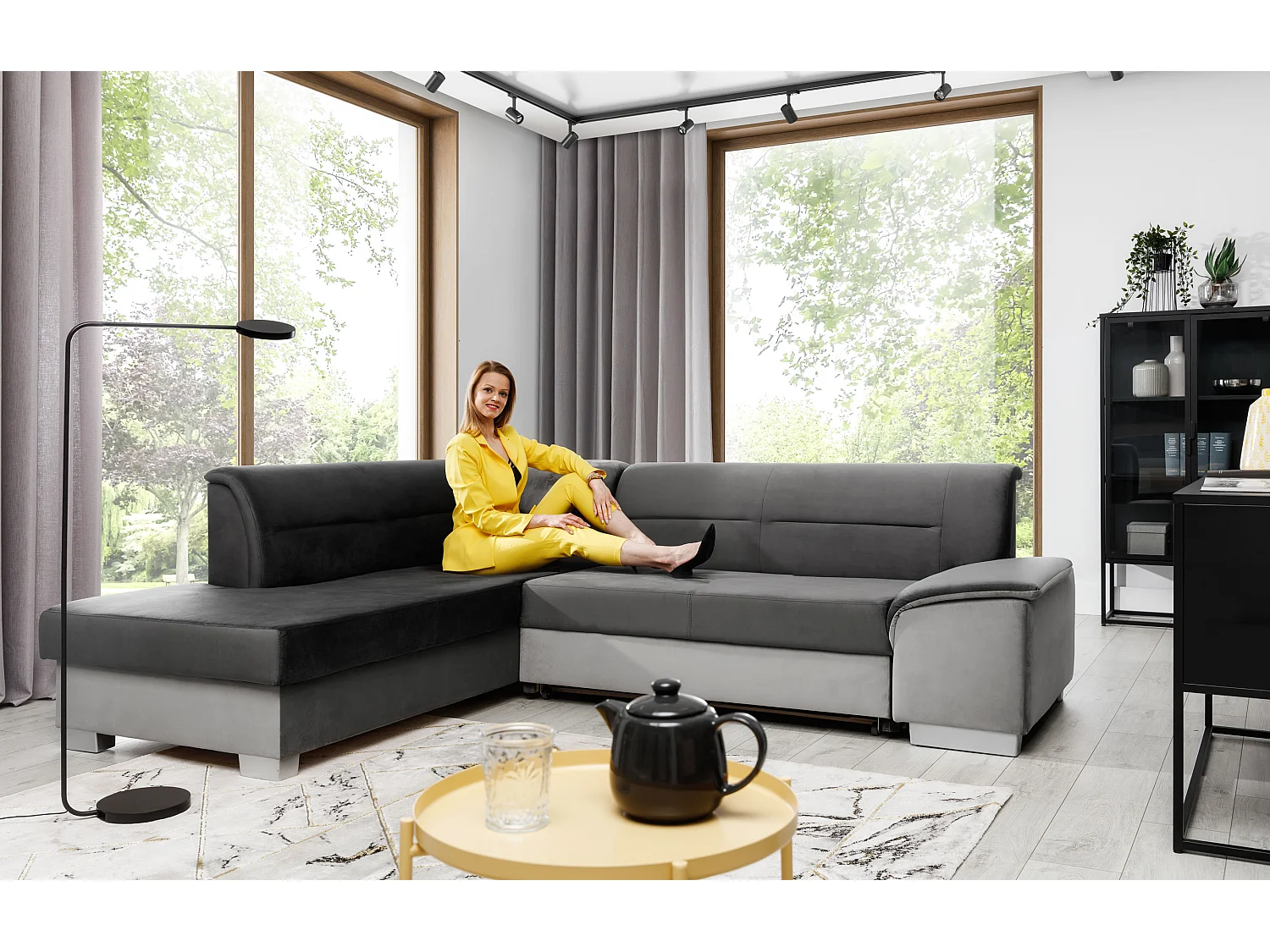 Canapé convertible angle gauche tissu beige chiné et simili marron Verza 270cm