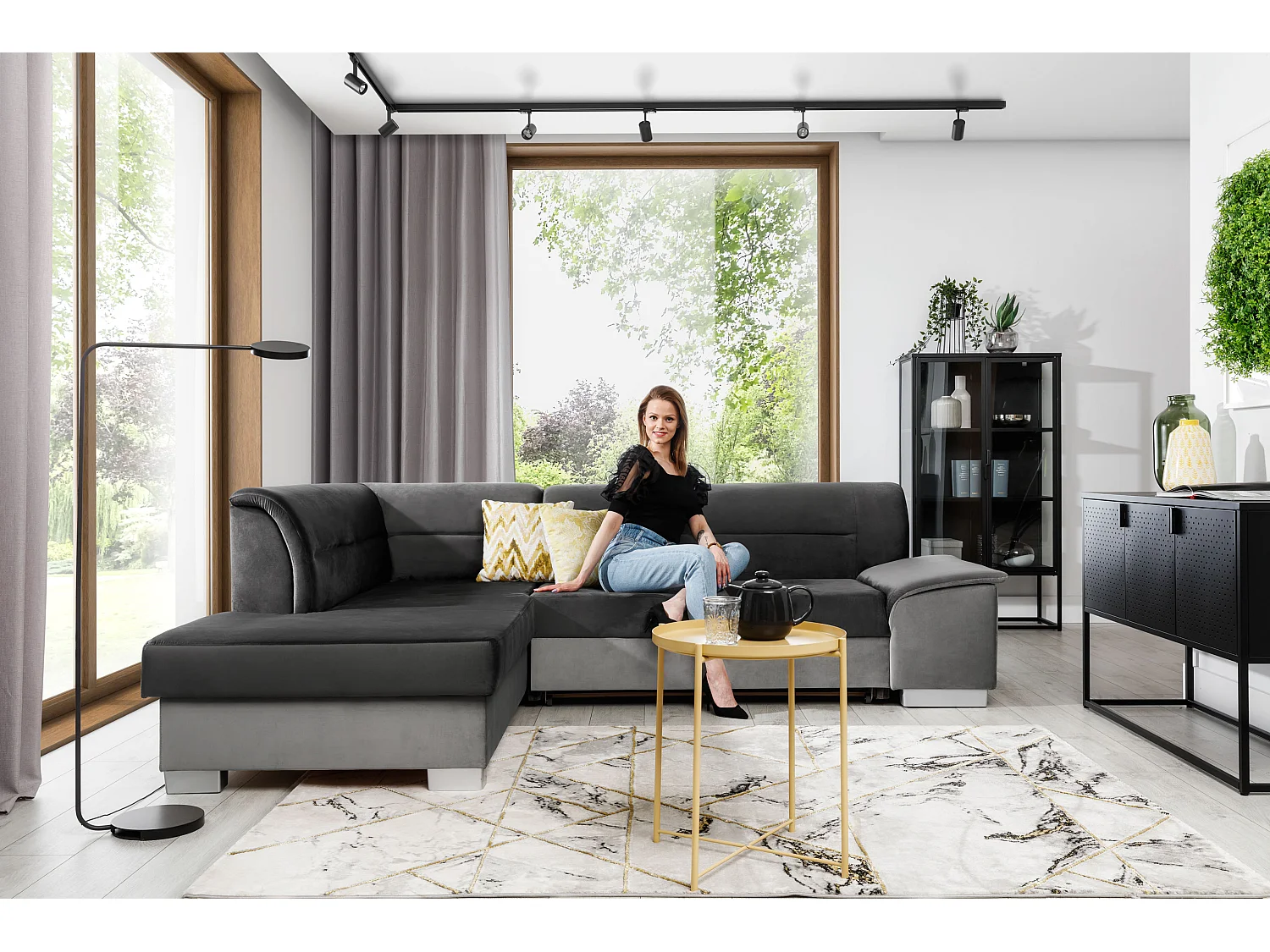 Canapé convertible angle gauche tissu beige chiné et simili marron Verza 270cm