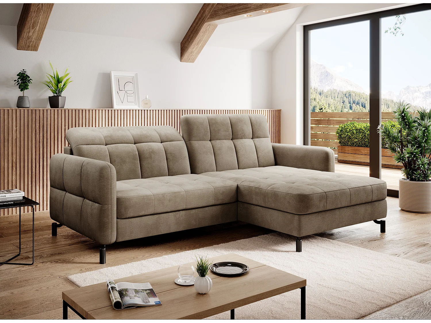 Canapé convertible velours matelassé taupe angle droit Lory 225cm