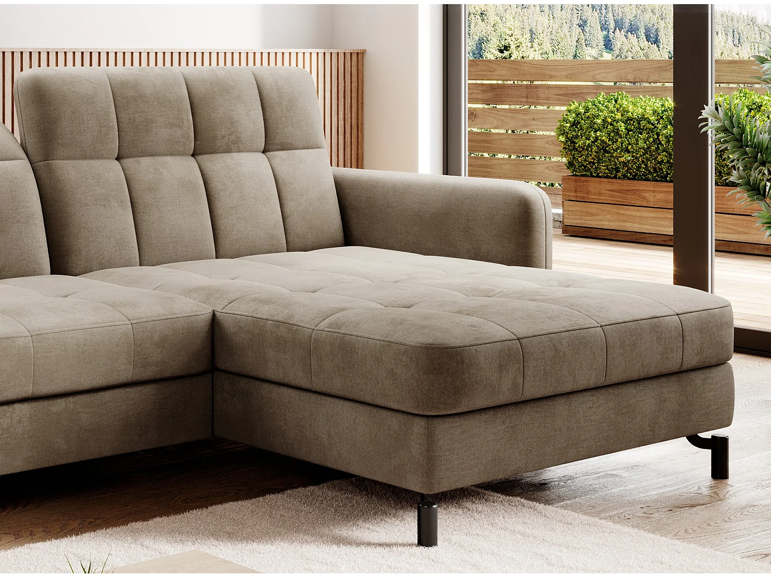 Canapé convertible velours matelassé taupe angle droit Lory 225cm