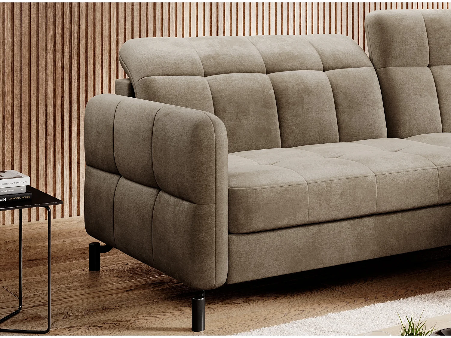 Canapé convertible velours matelassé taupe angle droit Lory 225cm