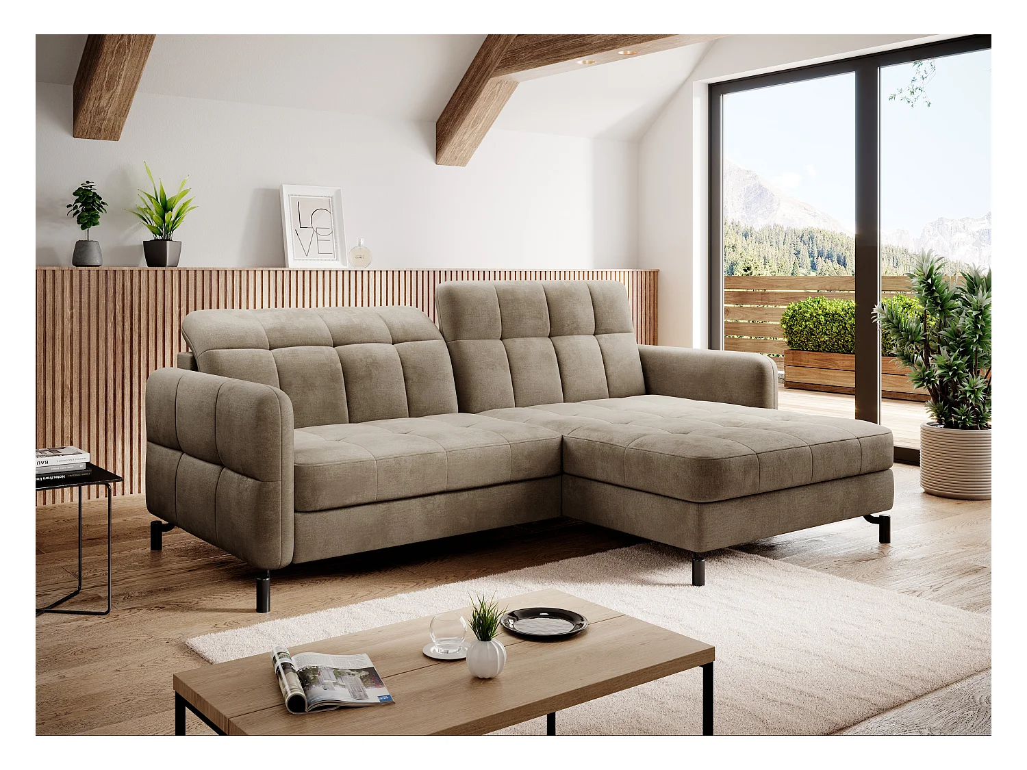 Canapé convertible velours matelassé taupe angle droit Lory 225cm