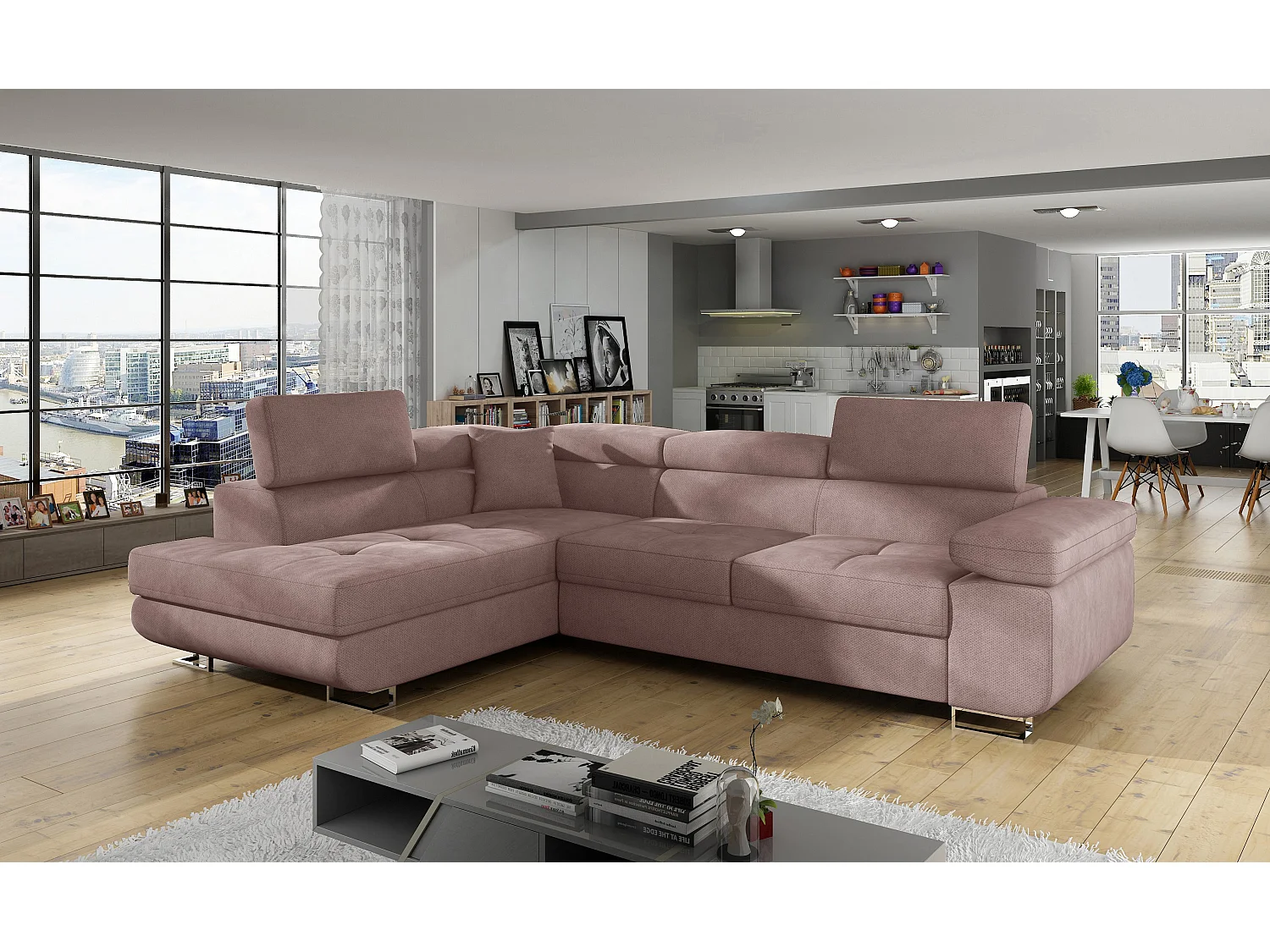 Canapé d'angle gauche convertible tissu rose clair Marka 275cm