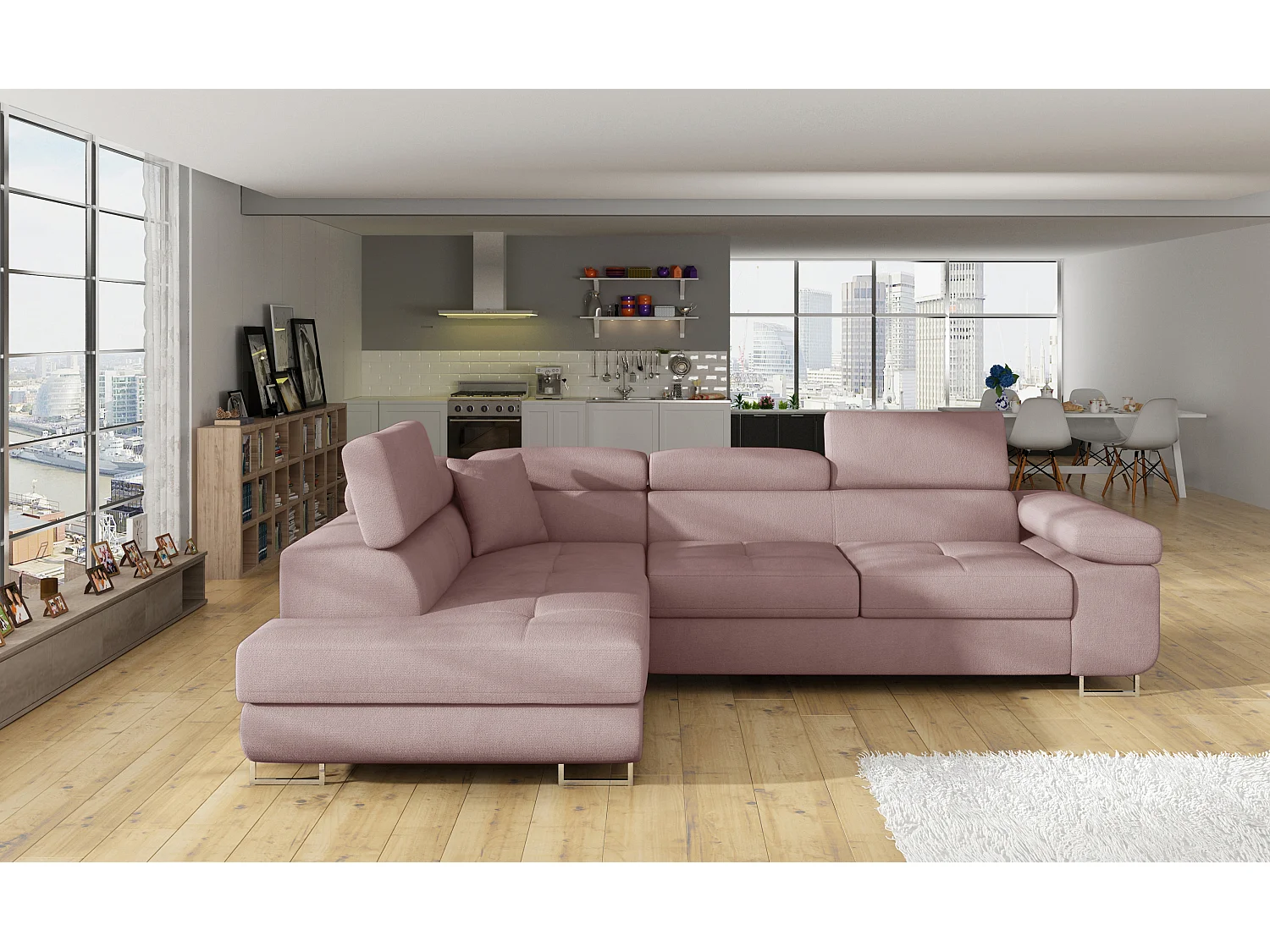 Fluwelen converteerbare hoekbank met opklapbare hoofdsteunen - Marka Collection-Kleur Lichtroze-linkerhoek