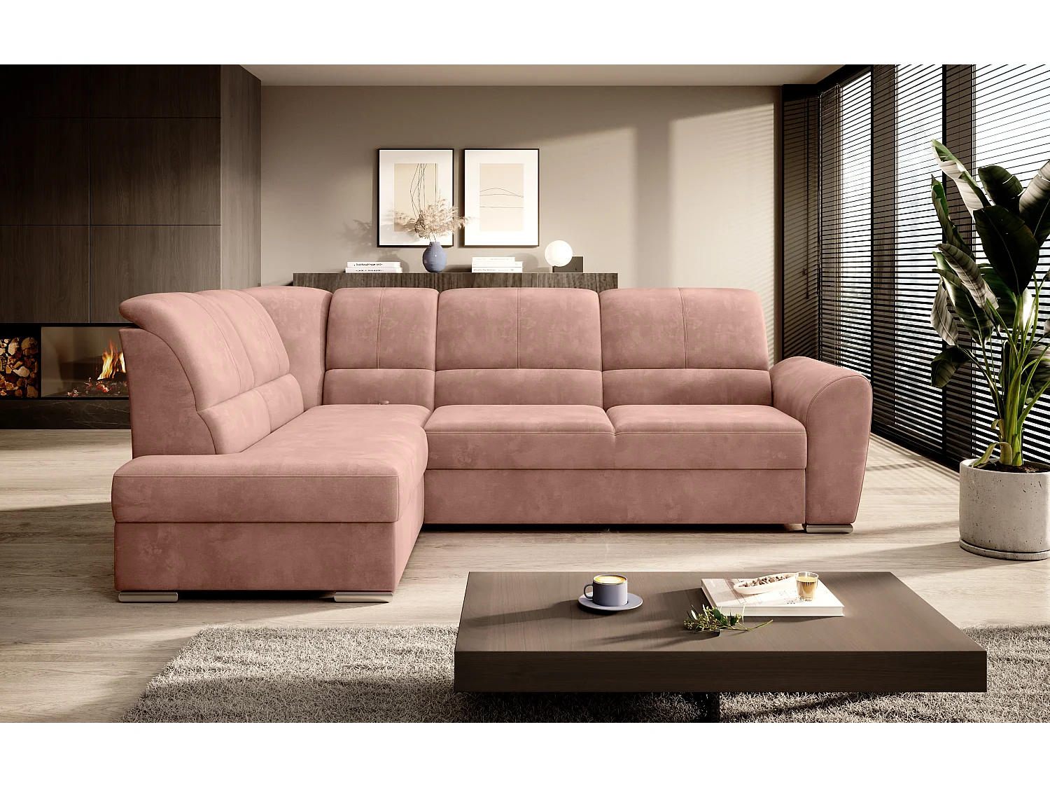 Canapé angle gauche convertible tissu doux rose et pieds acier chromé Zabor 270cm