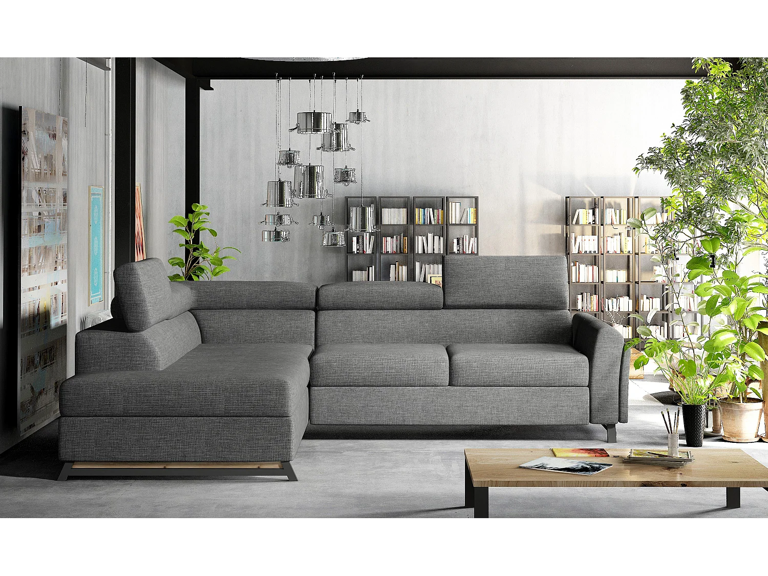 Canapé angle gauche convertible tissu gris foncé avec têtières réglables Nikos 265cm