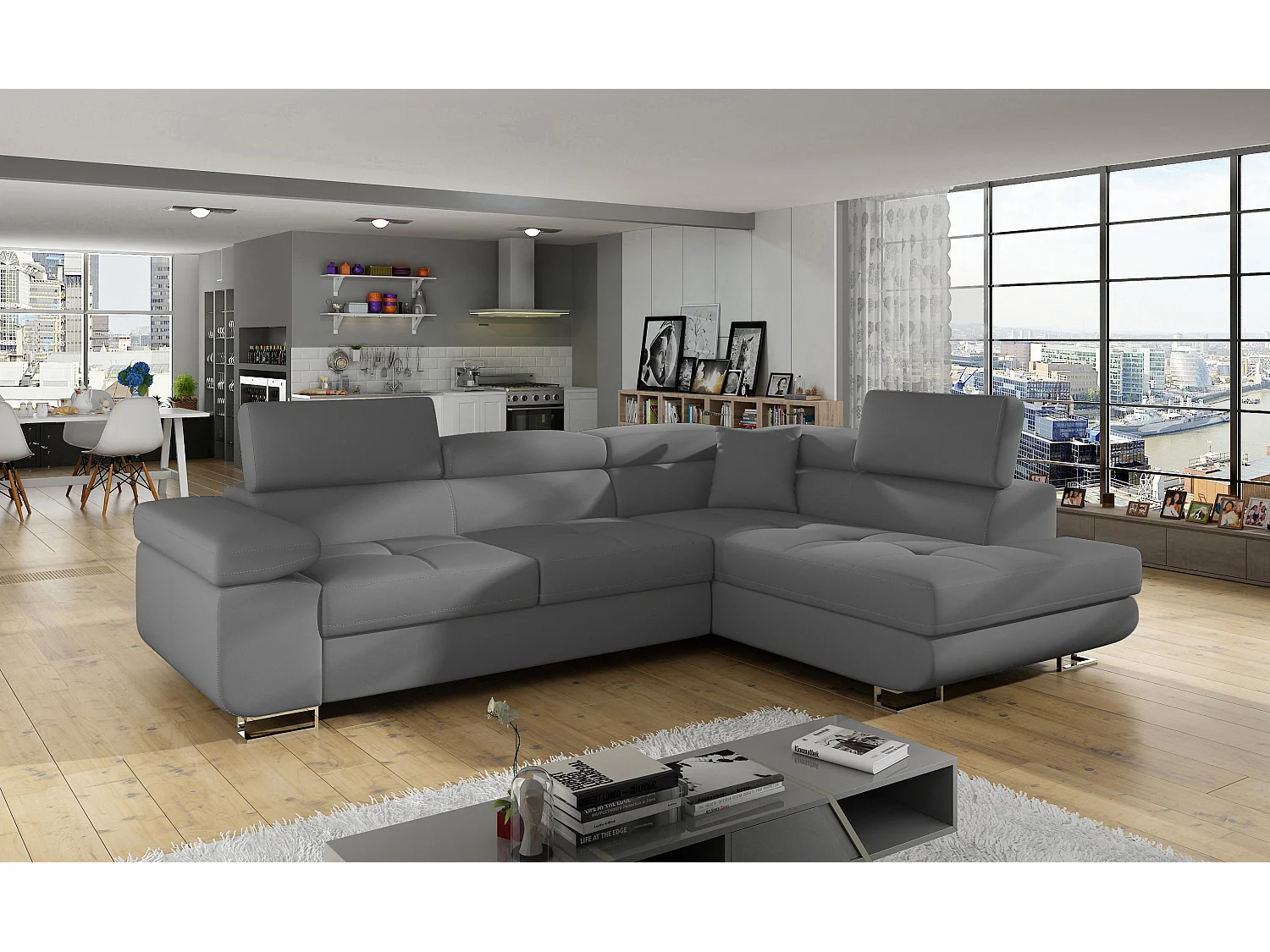 Canapé d'angle droit convertible simili cuir gris Marka 275cm