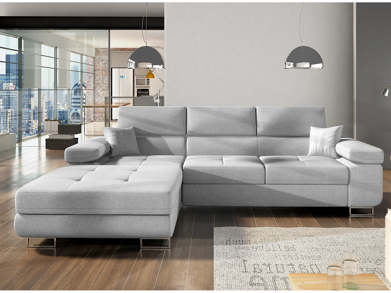 Canapé convertible d'angle gauche tissu gris clair avec rangement Wile 280cm