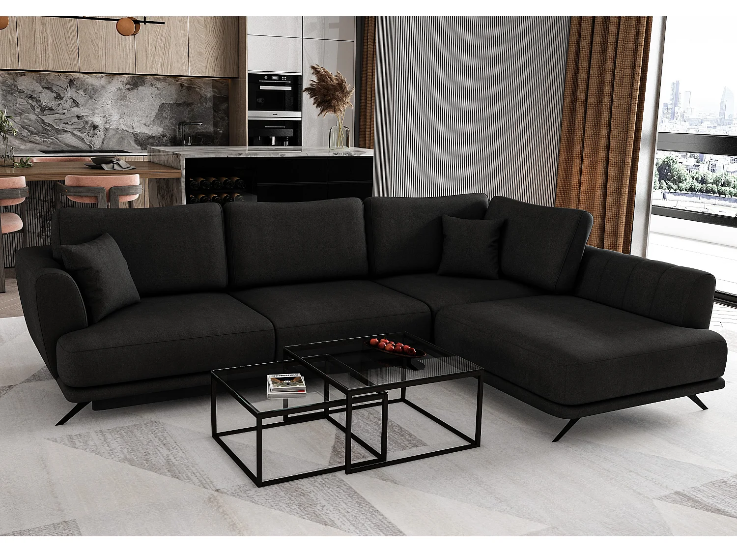 Canapé convertible angle droit velours noir Savary 280cm