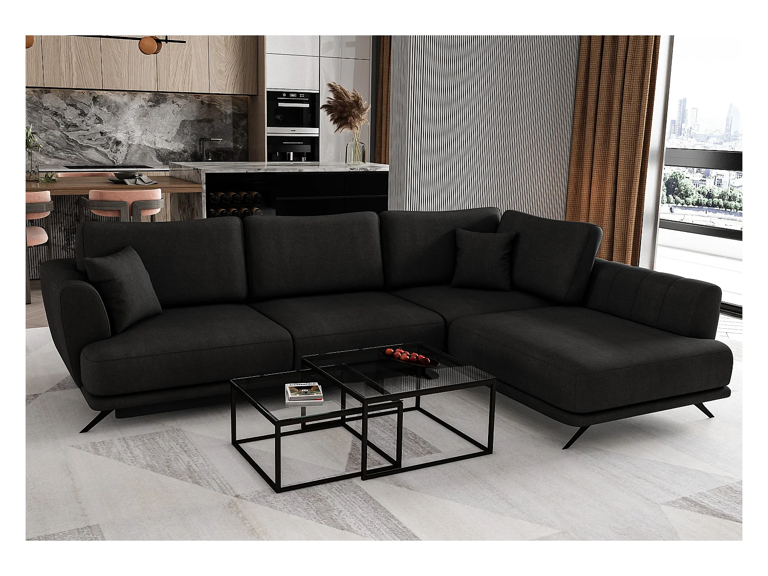 Canapé convertible angle droit velours noir Savary 280cm