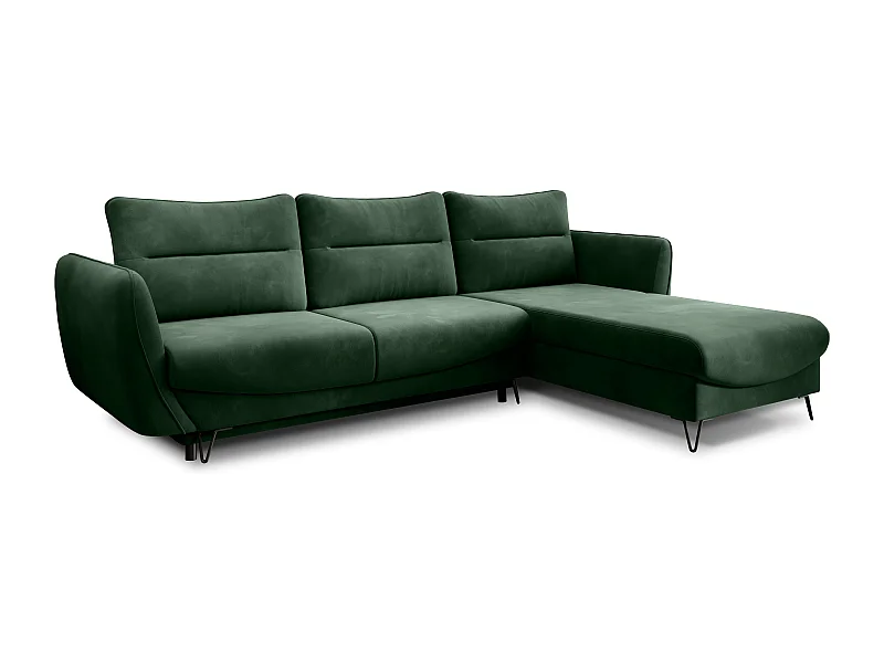 Canapé d'angle convertible tissu ZURIK - Coffre de rangement et pieds métal noir-Vert épinard-angle droit