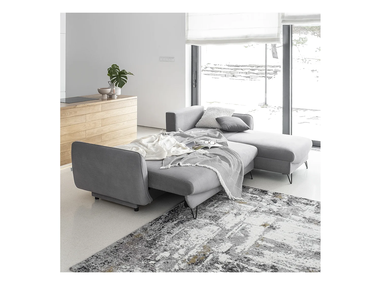 Canapé d'angle convertible tissu ZURIK - Coffre de rangement et pieds métal noir-Vert épinard-angle droit