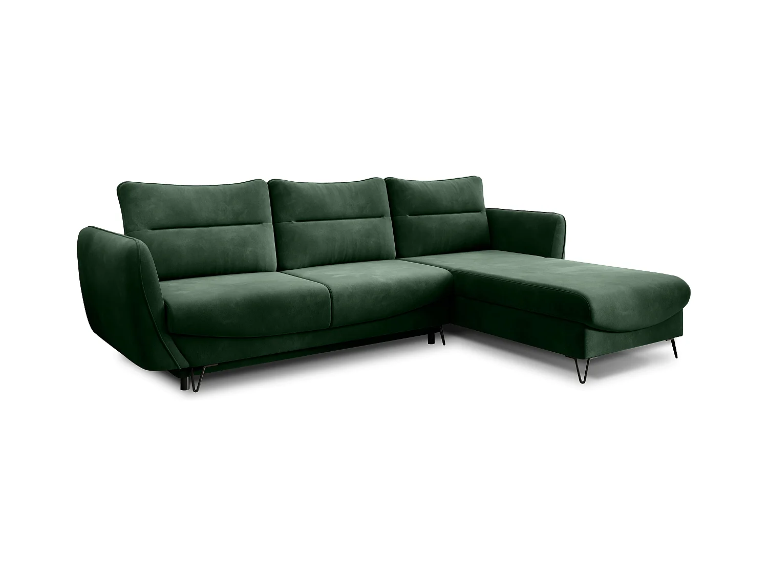 Canapé d'angle convertible tissu ZURIK - Coffre de rangement et pieds métal noir-Vert épinard-angle droit