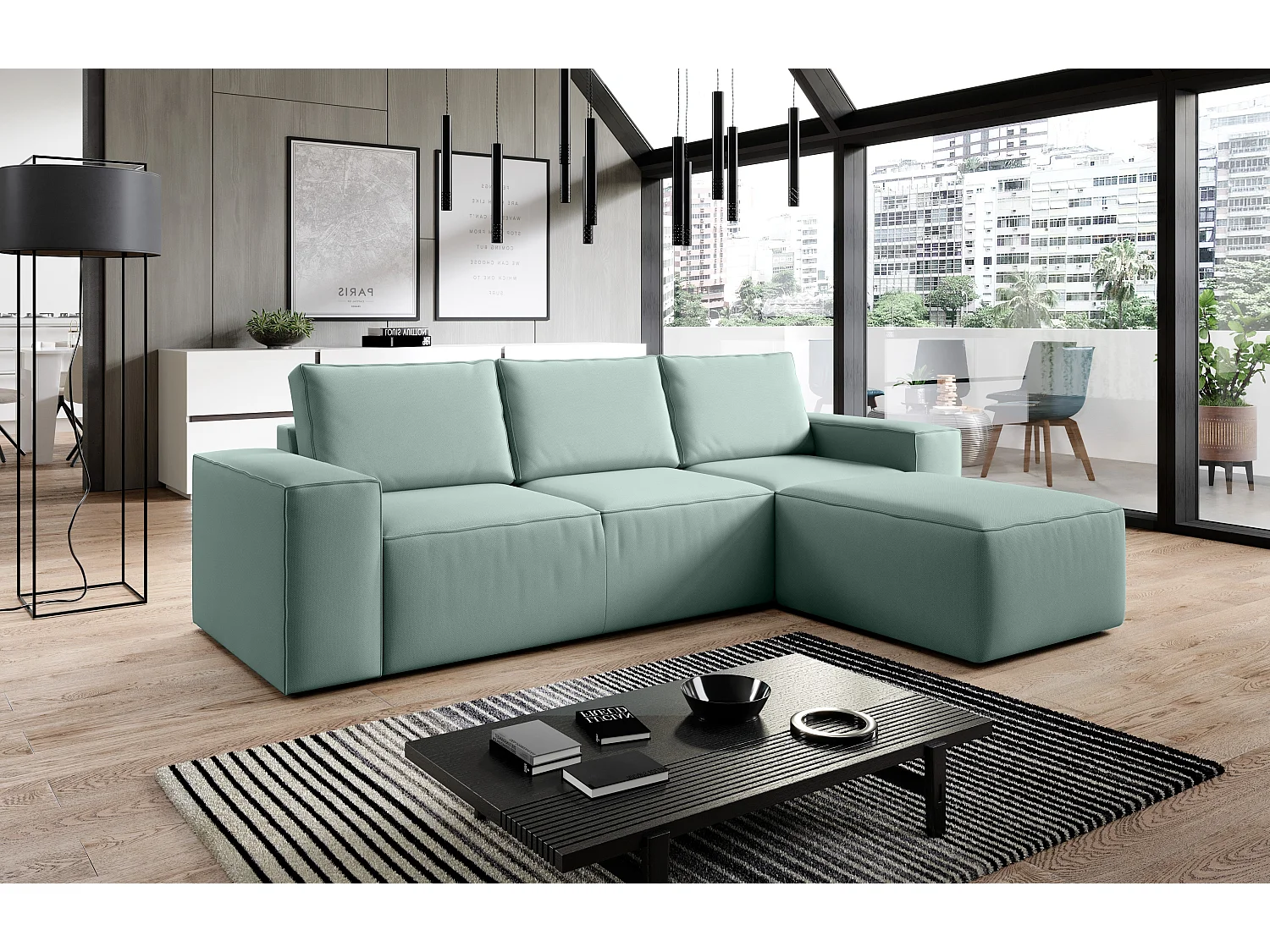 Canapé d'angle droit convertible moderne tissu vert d'eau Willace 302cm