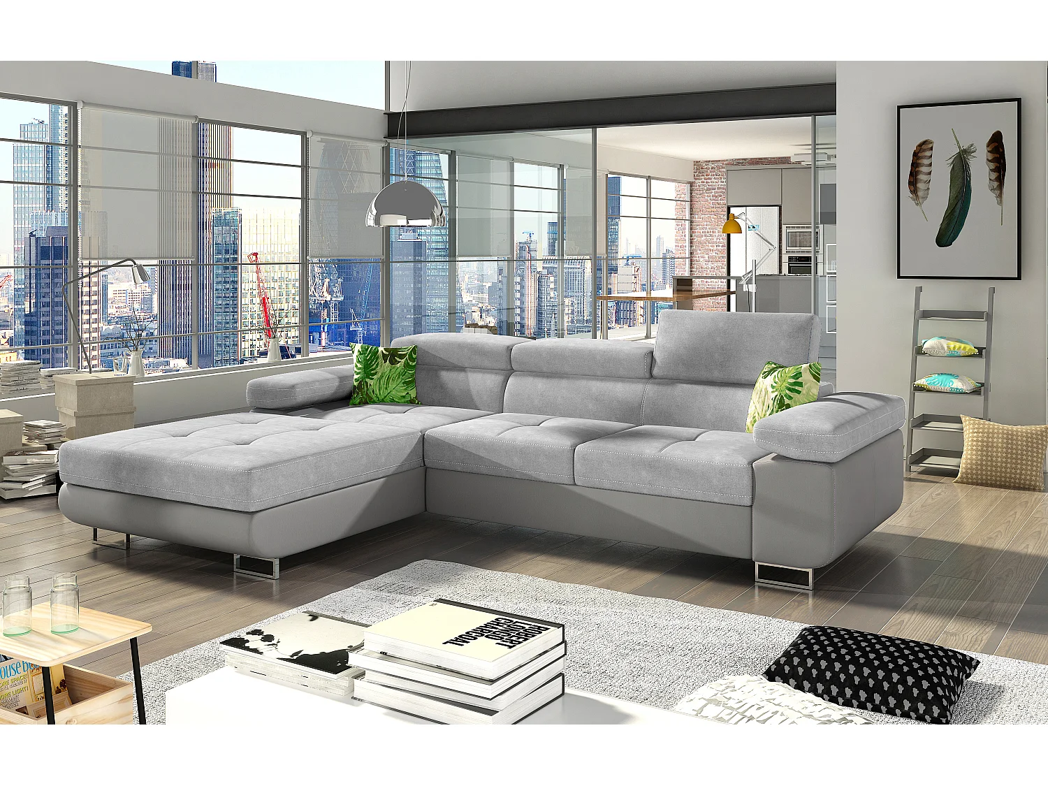 Canapé convertible d'angle gauche tissu gris et simili gris Wile 280cm