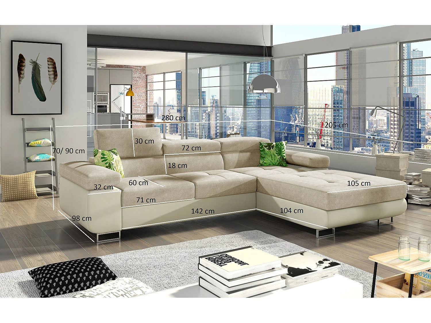 Canapé convertible d'angle gauche tissu gris et simili gris Wile 280cm