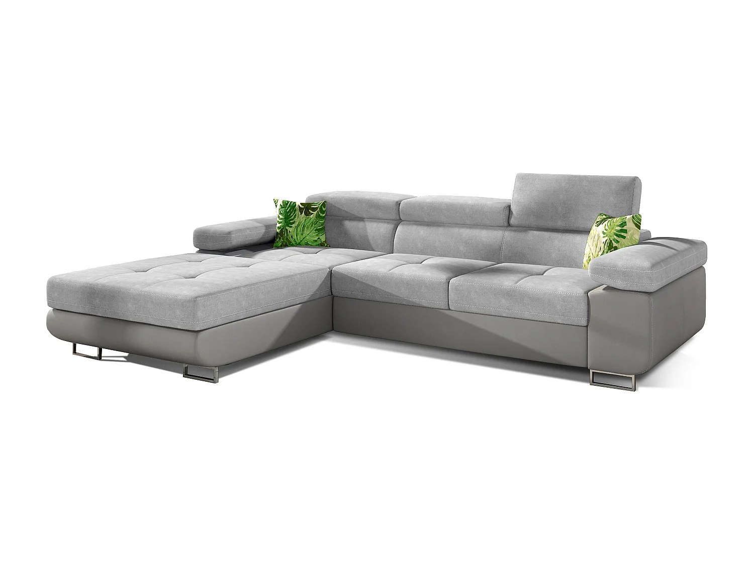 Canapé d'angle convertible appuis-tête réglables KALIZO - Coffre et pieds acier chromé-Gris/Gris clair-angle gauche