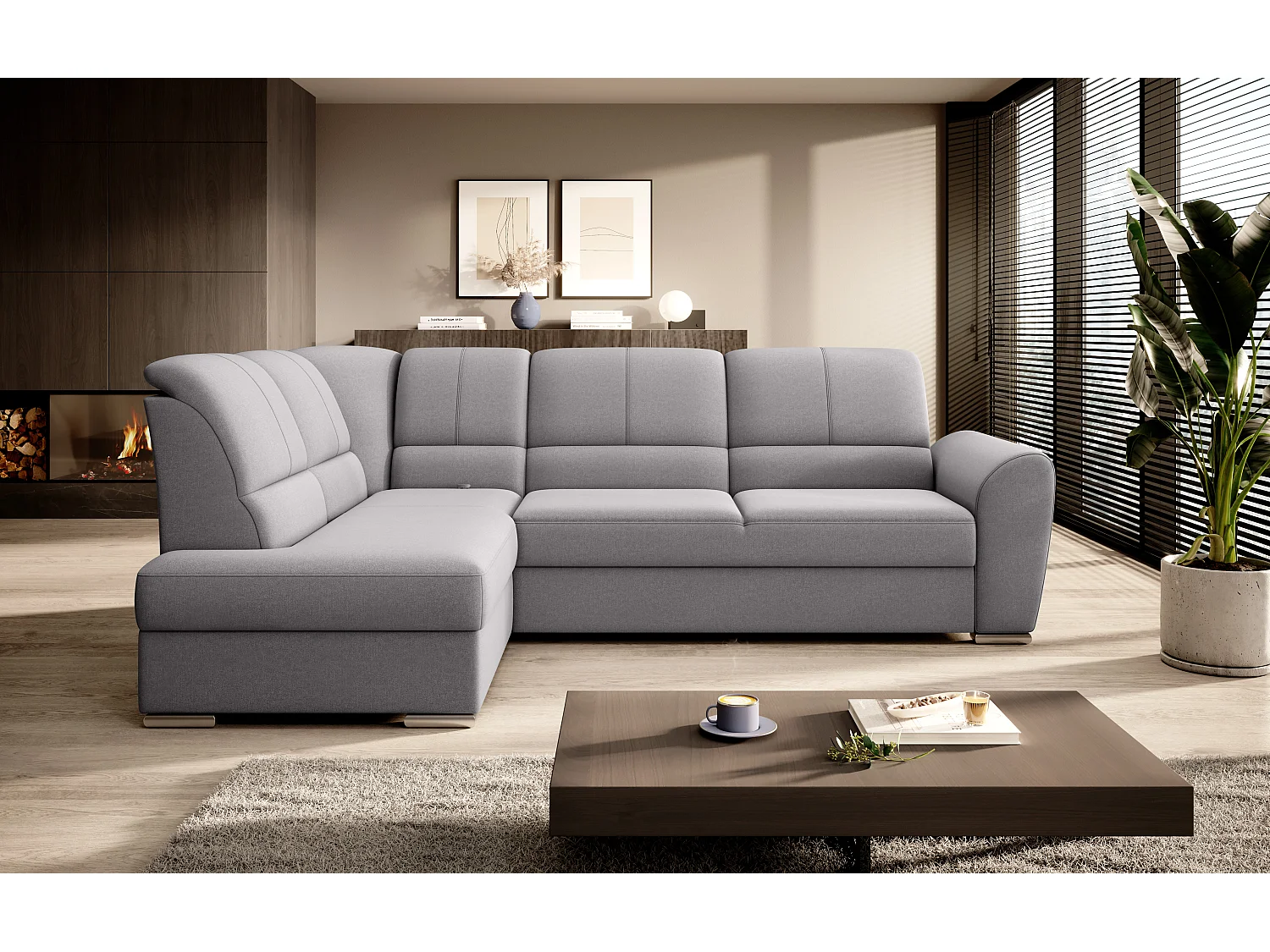 Canapé angle gauche convertible tissu gris clair et pieds acier chromé Zabor 270cm