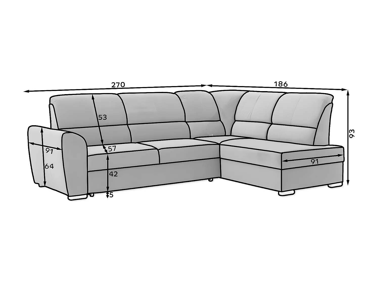 Canapé angle gauche convertible tissu gris clair et pieds acier chromé Zabor 270cm