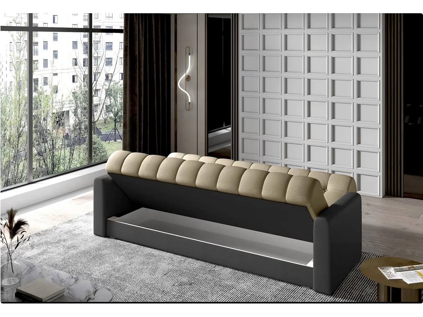 Canapé lit 3 places velours marron clair et gris foncé Barote 210cm