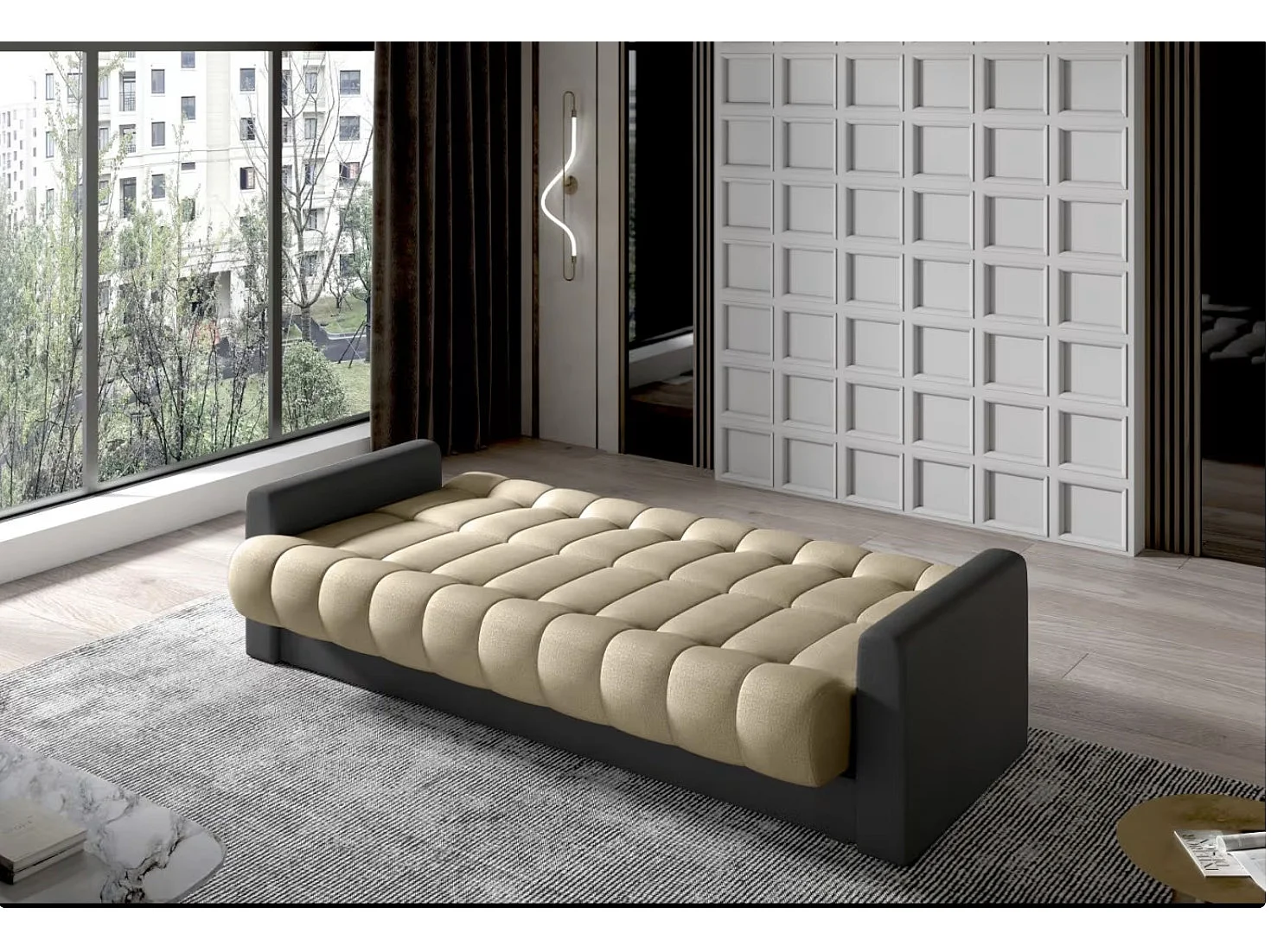 Canapé lit 3 places velours marron clair et gris foncé Barote 210cm