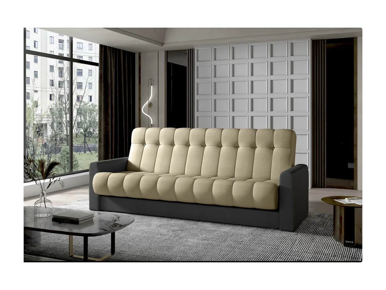 Canapé lit 3 places velours marron clair et gris foncé Barote 210cm