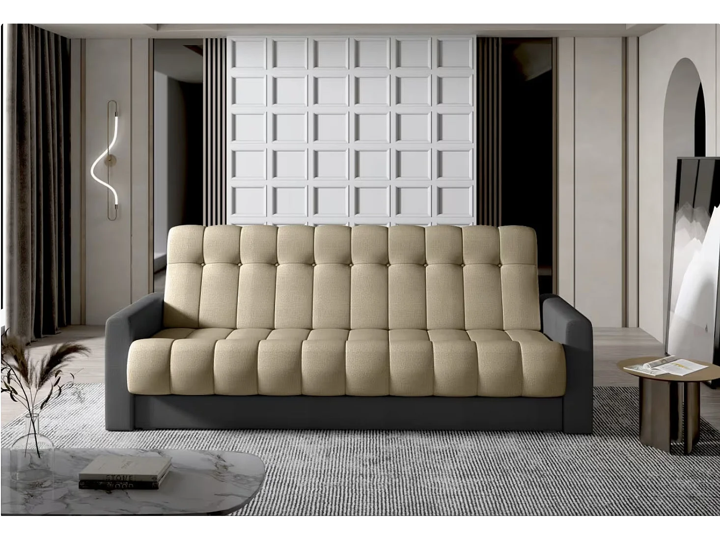 Canapé lit 3 places velours marron clair et gris foncé Barote 210cm