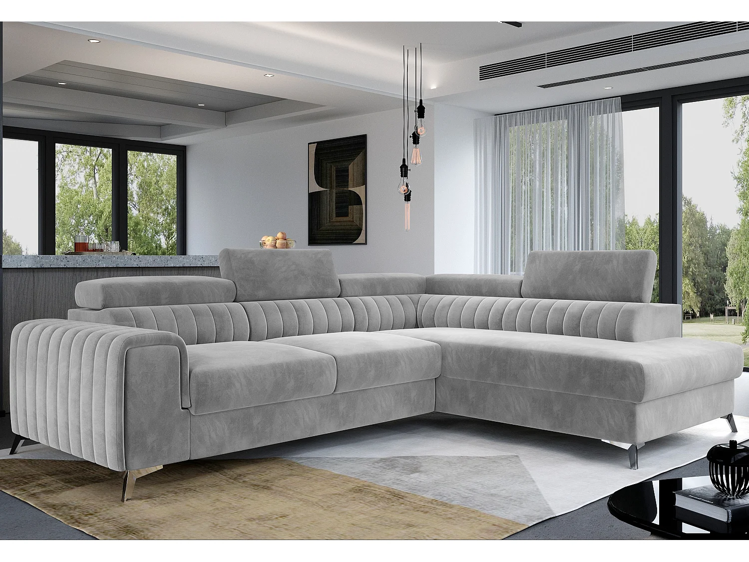 Canapé angle droit convertible avec appuis-tête réglables velours gris clair Lozan 275cm