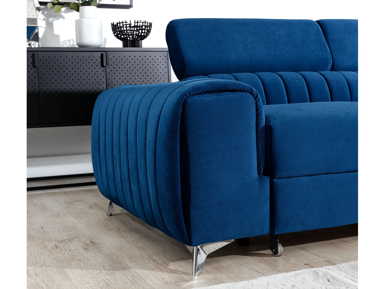 Canapé angle droit convertible avec appuis-tête réglables velours gris clair Lozan 275cm