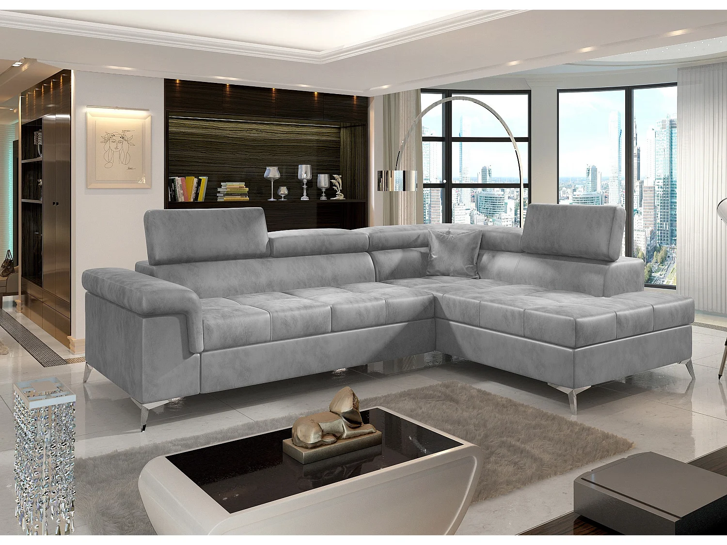 Canapé d'angle droit convertible velours gris clair Marido 275cm