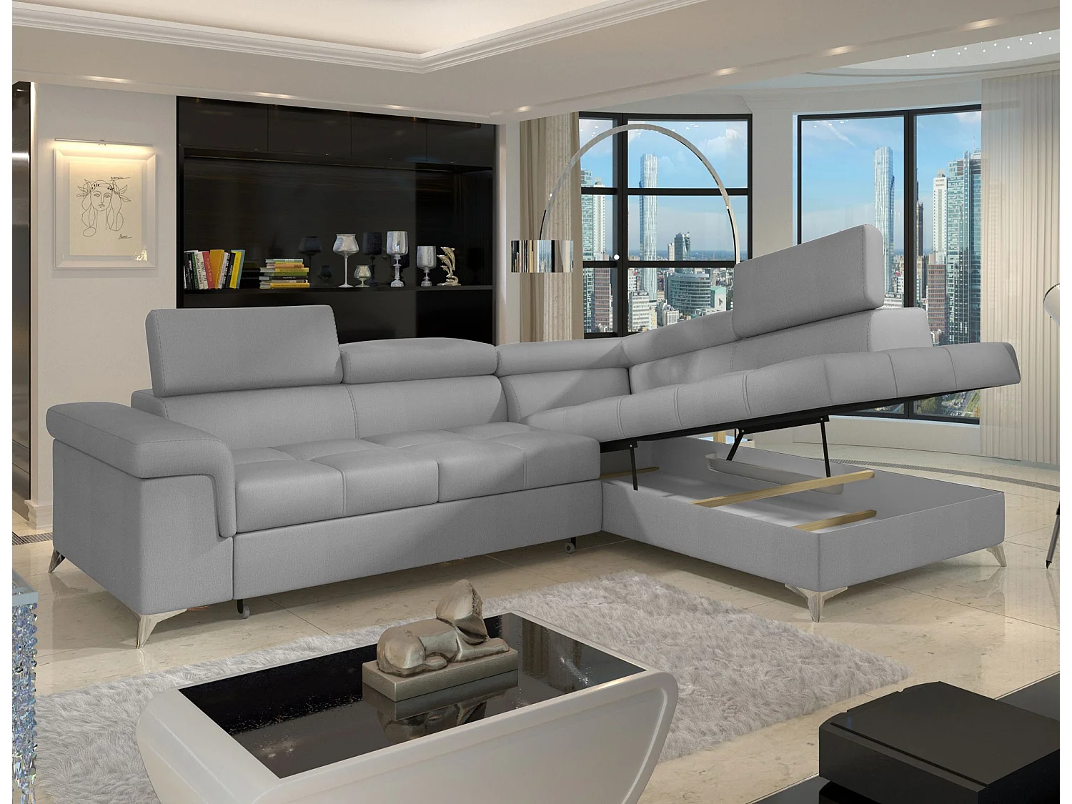 Canapé d'angle convertible velours MARIDO - Coffre et appuis-tête réglables-Gris clair-angle droit