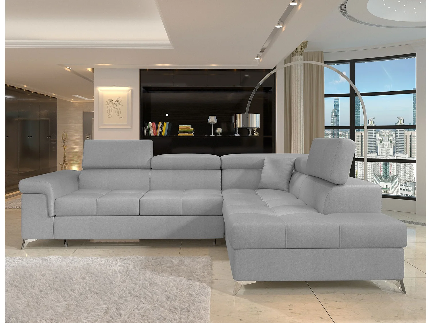 Canapé d'angle convertible velours MARIDO - Coffre et appuis-tête réglables-Gris clair-angle droit