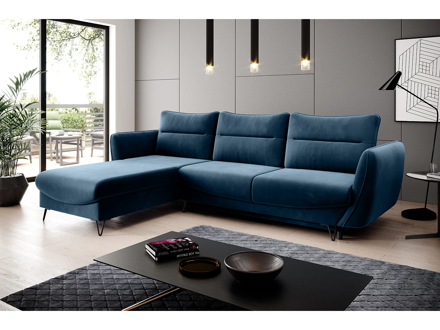 Canapé d'angle gauche convertible tissu bleu foncé Zurik 276cm