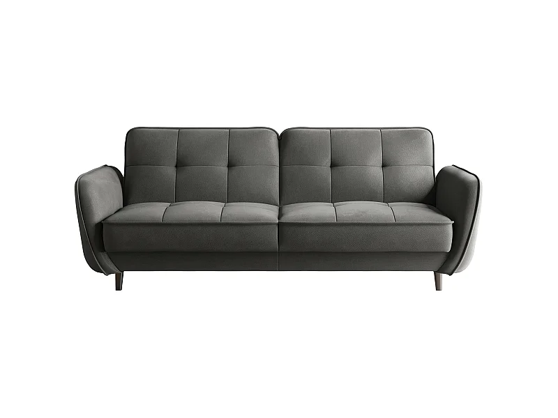 Canapé convertible 3 places velours gris foncé capitonné et pieds bois noir Bizza 220cm