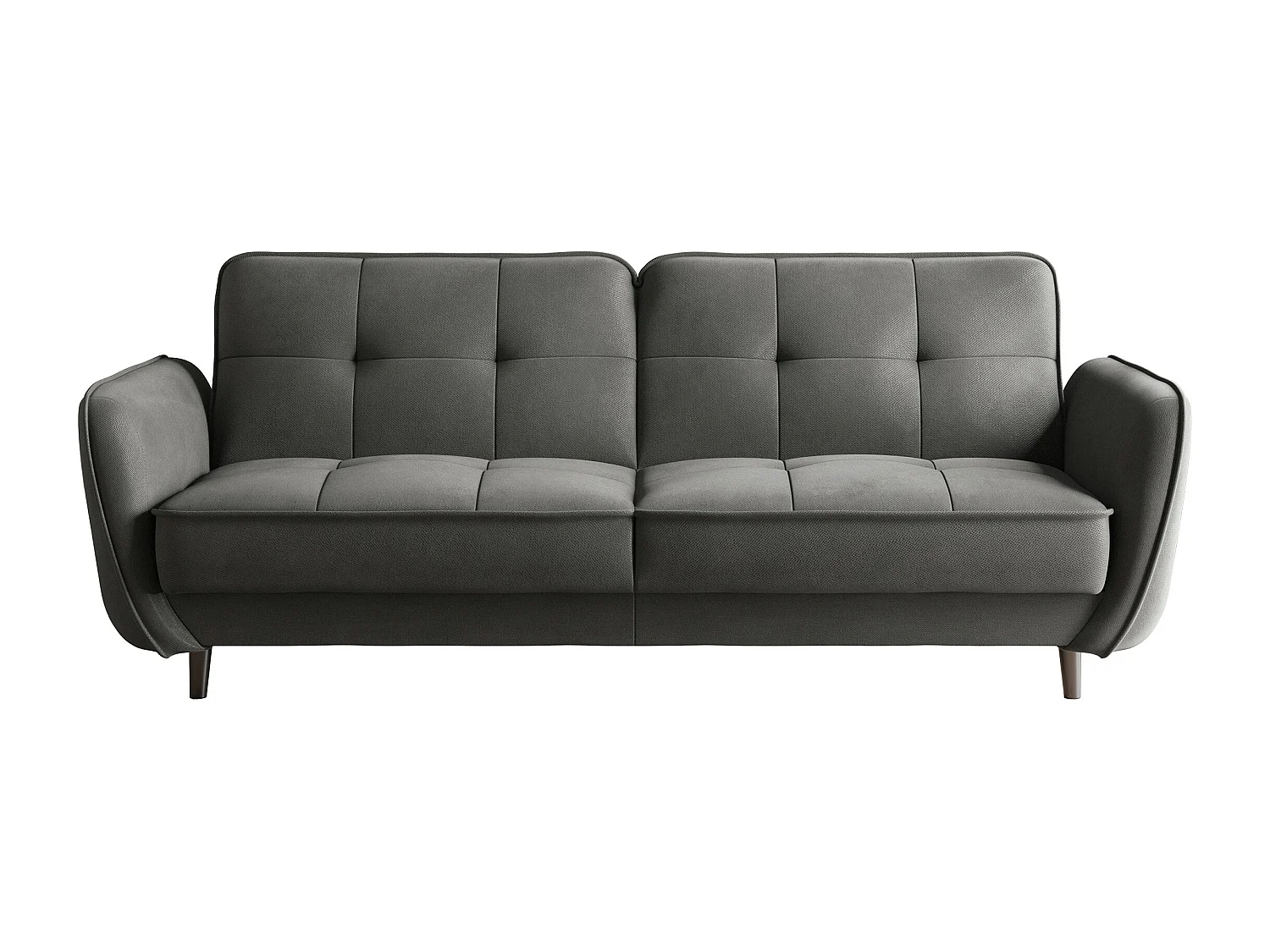 Canapé convertible 3 places velours gris foncé capitonné et pieds bois noir Bizza 220cm