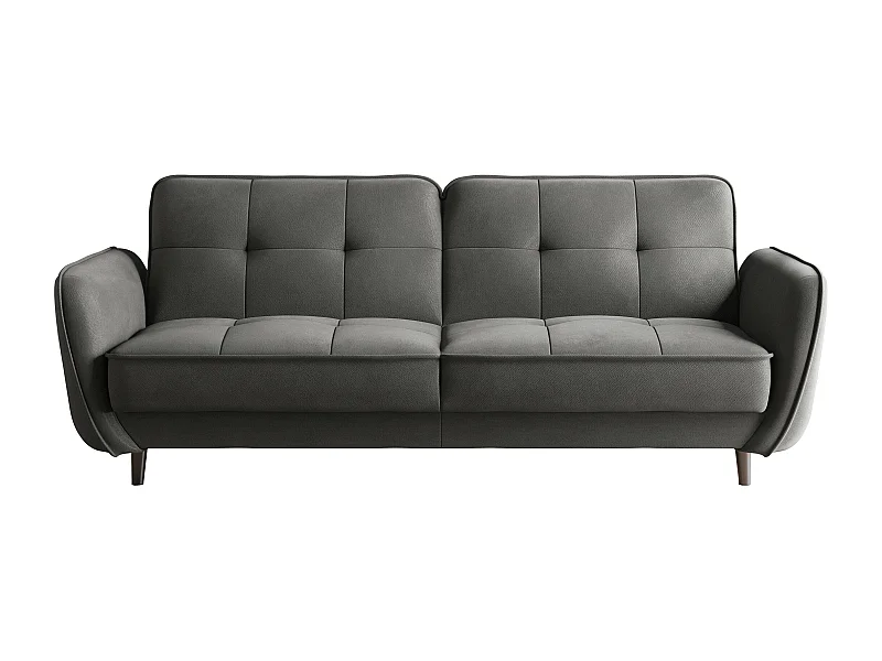 Canapé convertible 3 places velours gris foncé capitonné et pieds bois noir Bizza 220cm