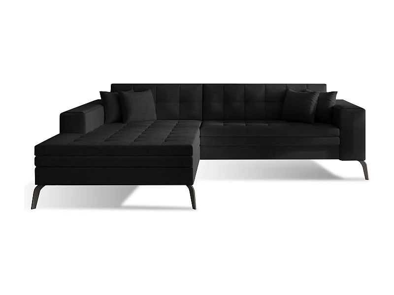 Canapé convertible capitonné angle gauche tissu noir et pieds métal noir Lazor 295cm