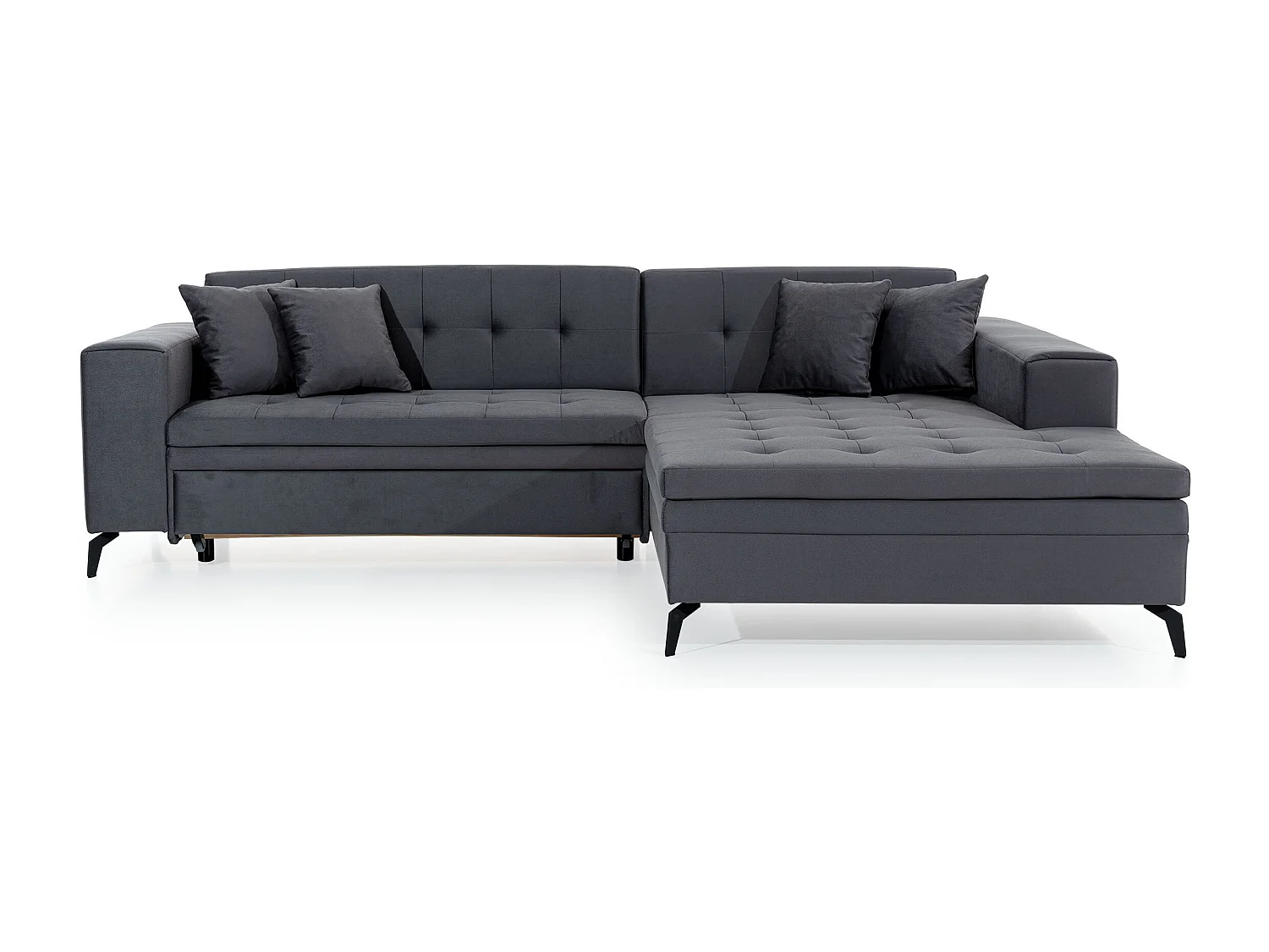 Canapé convertible capitonné angle gauche tissu noir et pieds métal noir Lazor 295cm