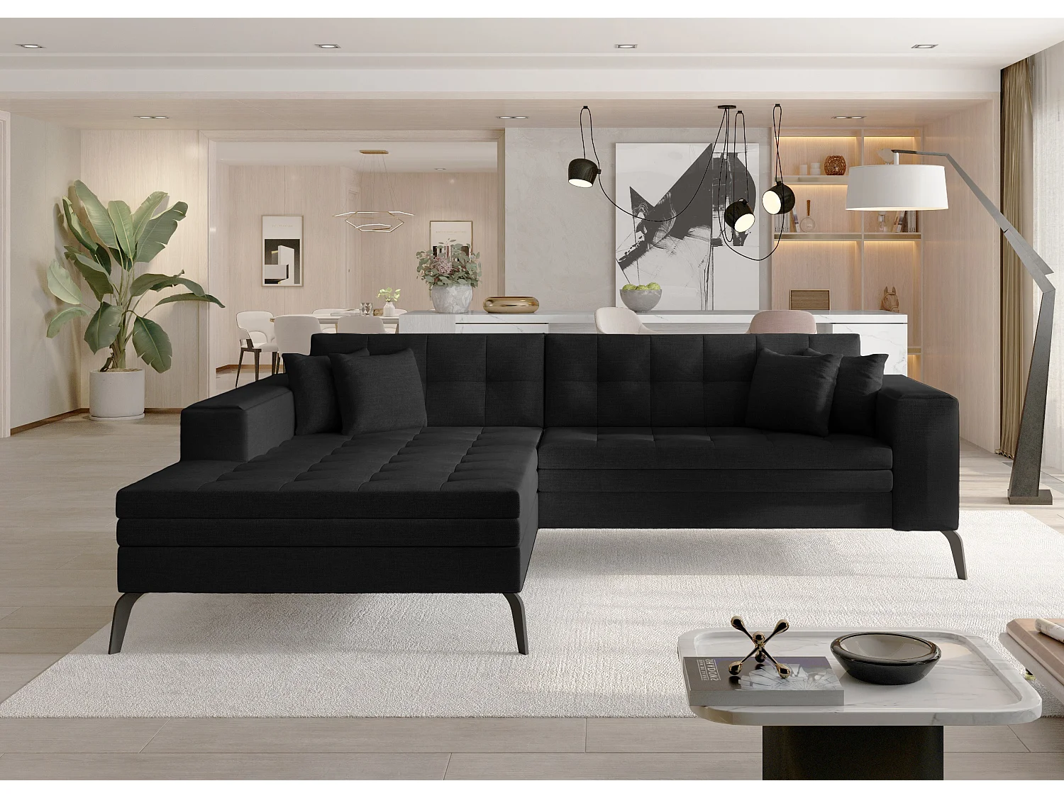 Canapé convertible capitonné angle gauche tissu noir et pieds métal noir Lazor 295cm