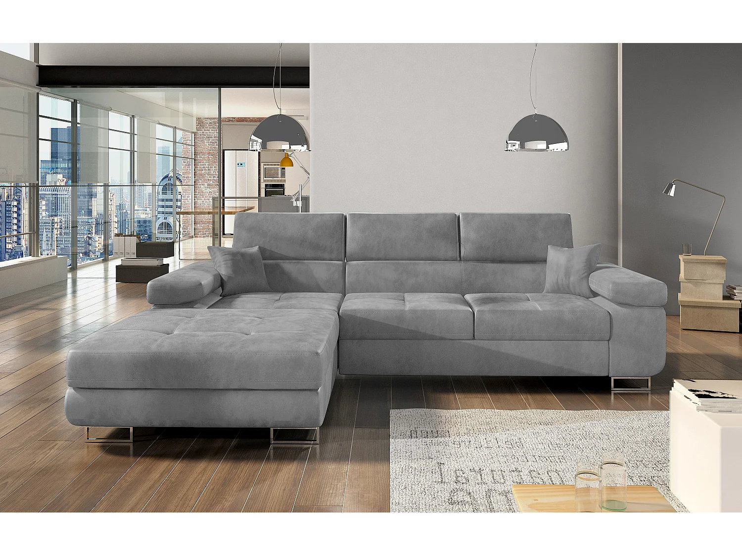 Canapé convertible d'angle gauche velours gris clair avec rangement Wile 280cm